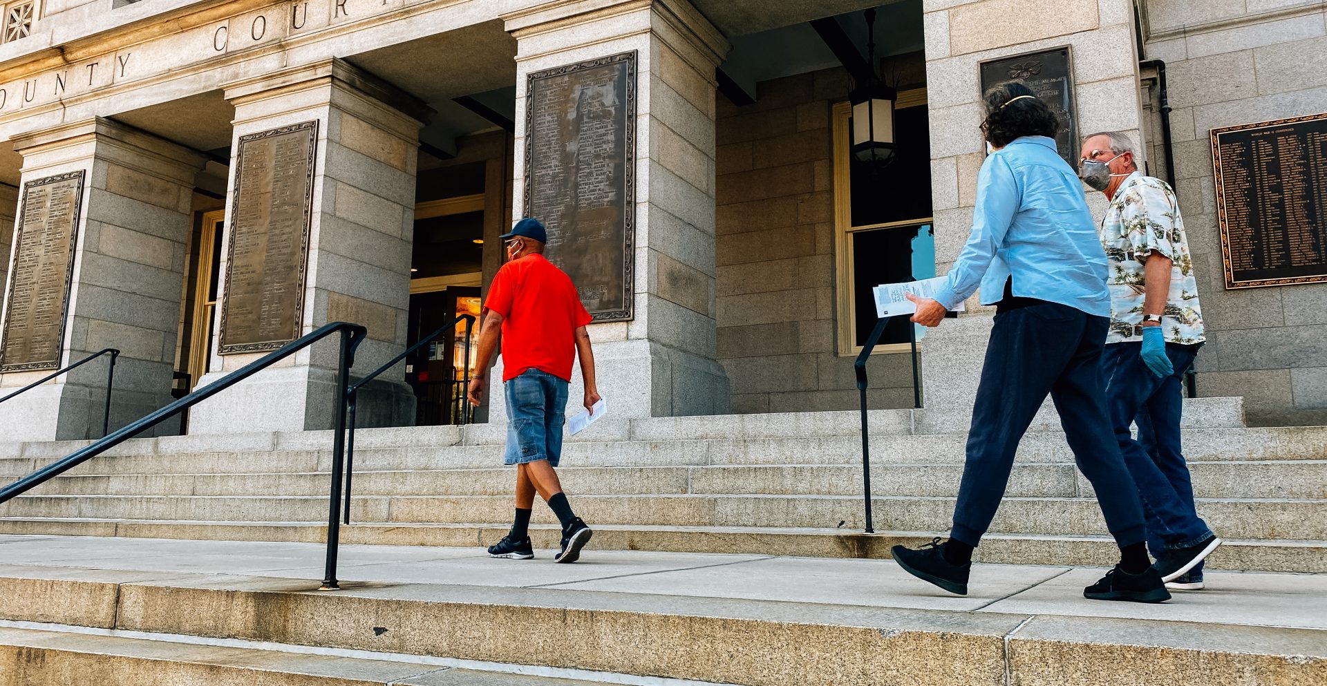 FILE PHOTO: Voters walk along the steps of the York County Courthouse on June 1, 2020, to deposit their ballots in a drop box ahead of the Pennsylvania primary.
