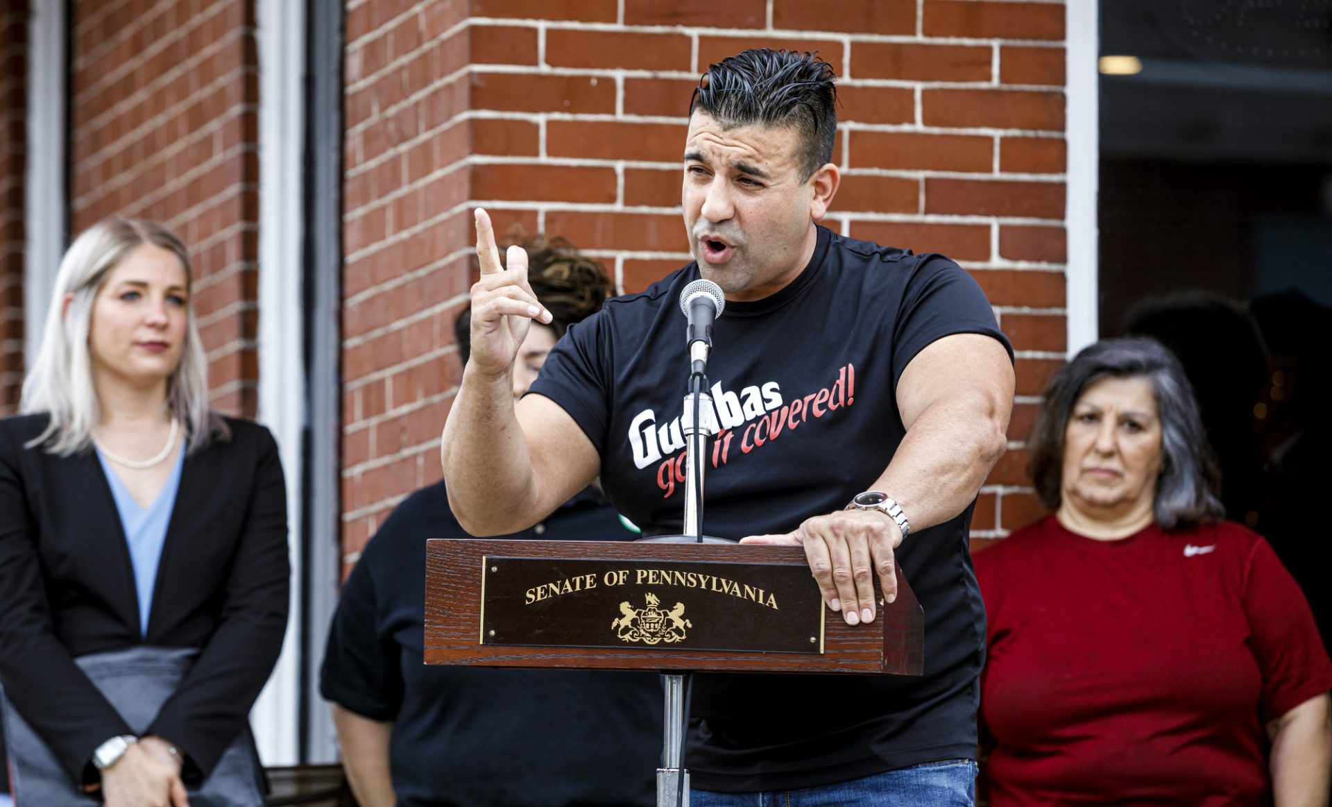 FILE PHOTO: Mike Mangano speaks. Elected officials and community members gather at a protest on June 5, 2020, in support of Taste of Sicily, a Palmyra-based restaurant that's been allowing customers to have sit-down meals in violation of Gov. Tom Wolf's reopening plan.