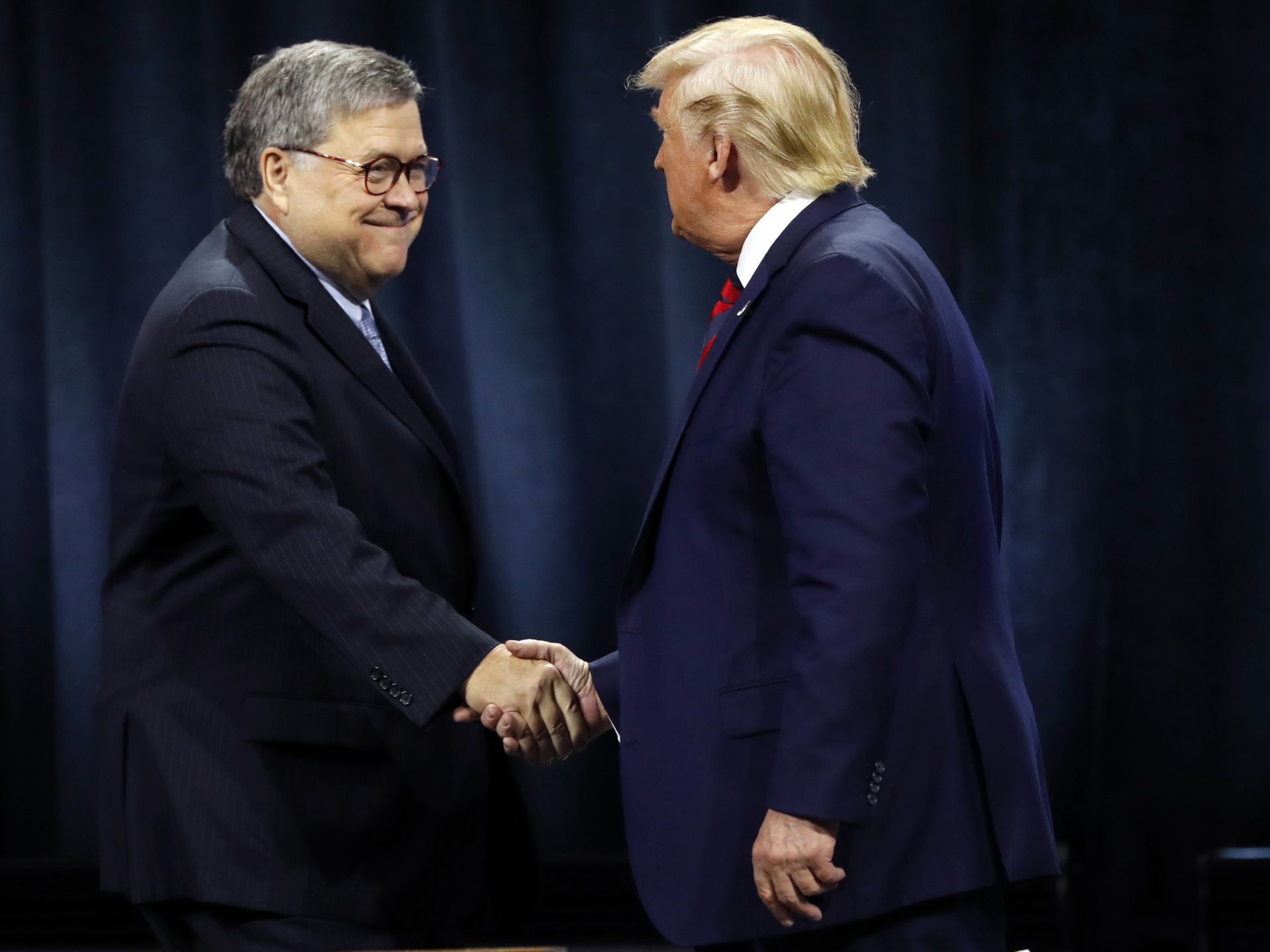 President Donald Trump greeted Attorney General William Barr before Trump signed an executive order creating a commission to study law enforcement and justice on Oct. 28, 2019.