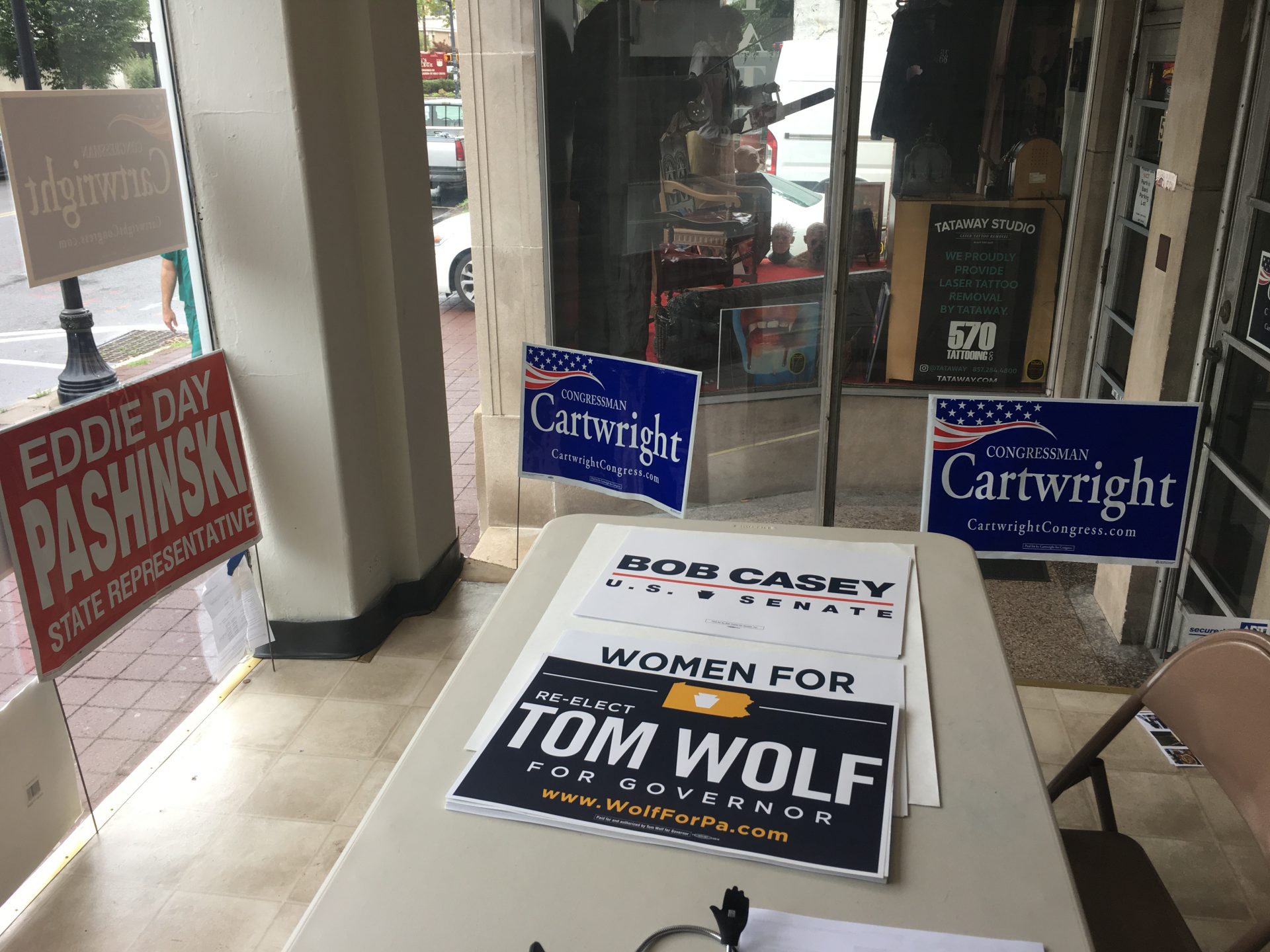 Signs for Democratic candidates are seen at a campaign office in Wilkes-Barre on Sept. 12, 2018.