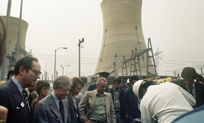 FILE PHOTO: Three Mile Island nuclear plant incident - President Jimmy Carter, second from left, visits the nuclear plant near Harrisburg, Pa., USA, April 4, 1979. 