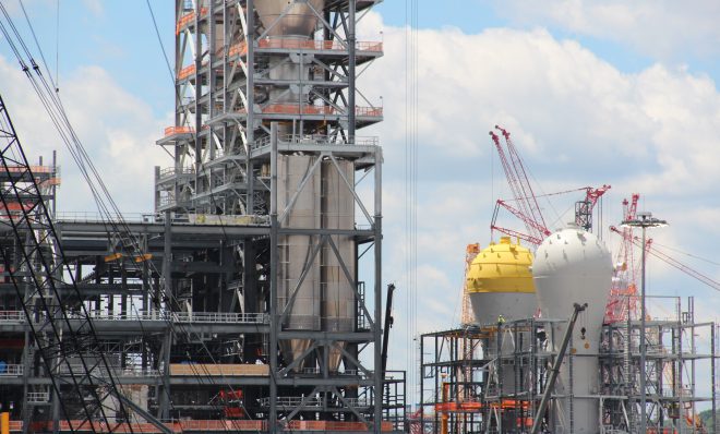 Shell's ethane cracker under construction in June, 2019 in Beaver County, Pa. A similar plant is proposed to be built in Belmont County, Ohio, roughly a 90-minute drive away. 