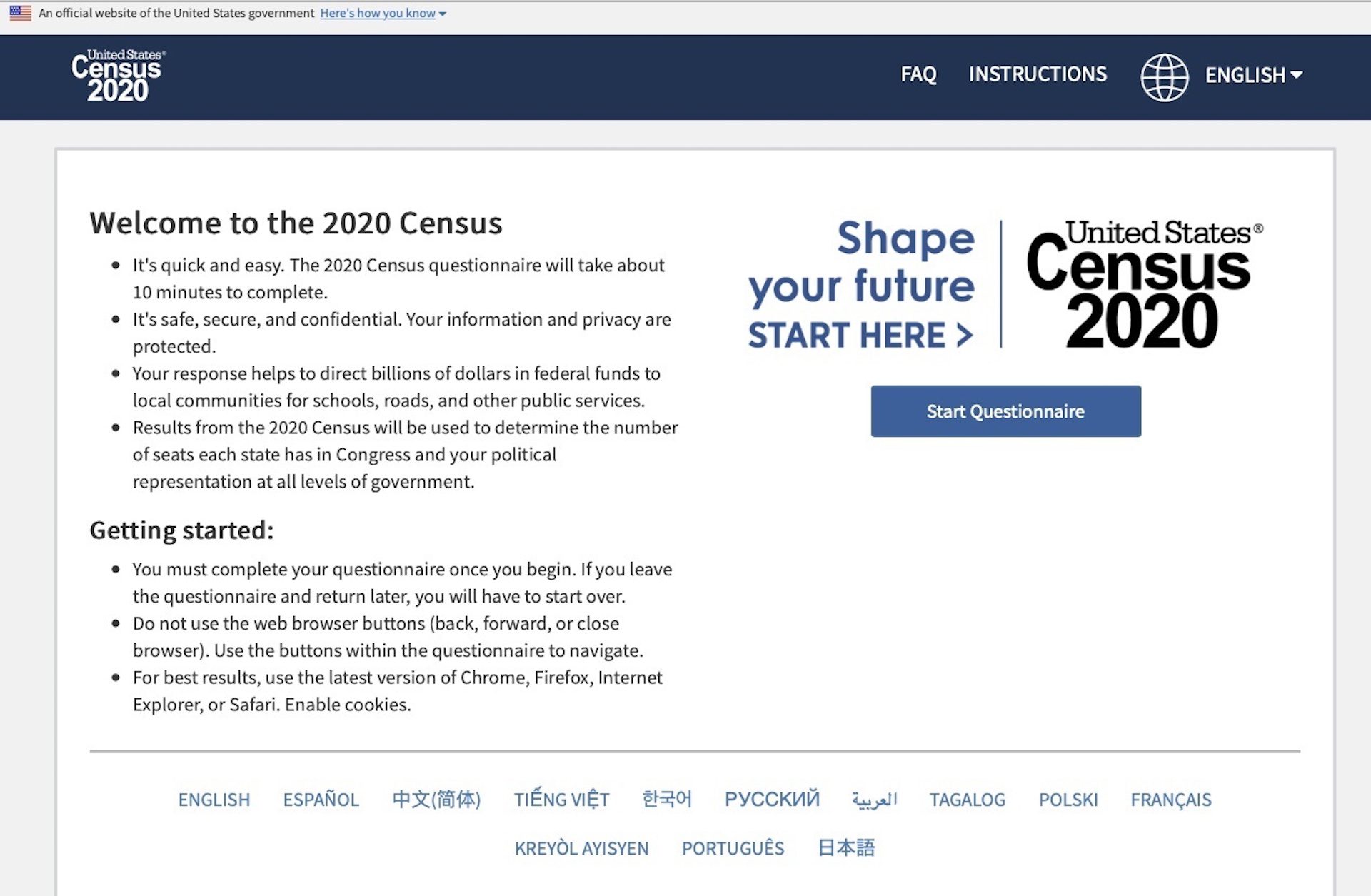 This photo provided by the U.S. Census 2020, shows the homepage of the United States' Census 2020 website on Tuesday, March 10, 2020. The 2020 census is off and running for much of America now. The U.S. Census Bureau made a soft launch of the 2020 census website on Monday, March 9 making its form available online. On Thursday, March 12 the Census Bureau will begin mailing out notices far and wide.