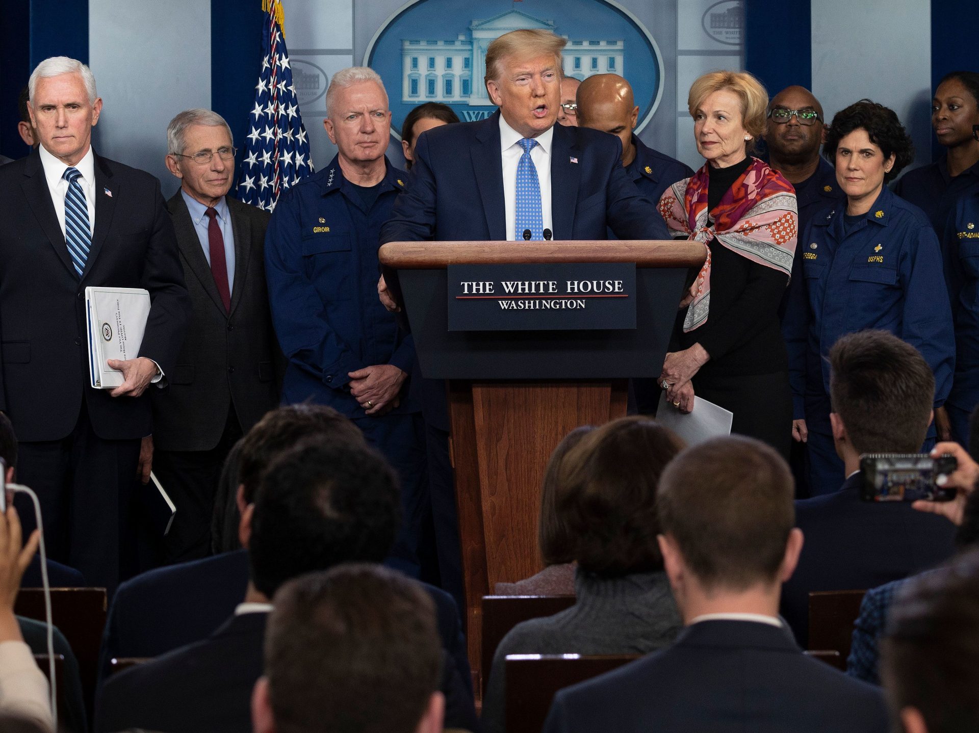 President Trump speaks during a press briefing about the coronavirus alongside Vice President Pence and members of the Coronavirus Task Force at the White House on March 15, 2020.