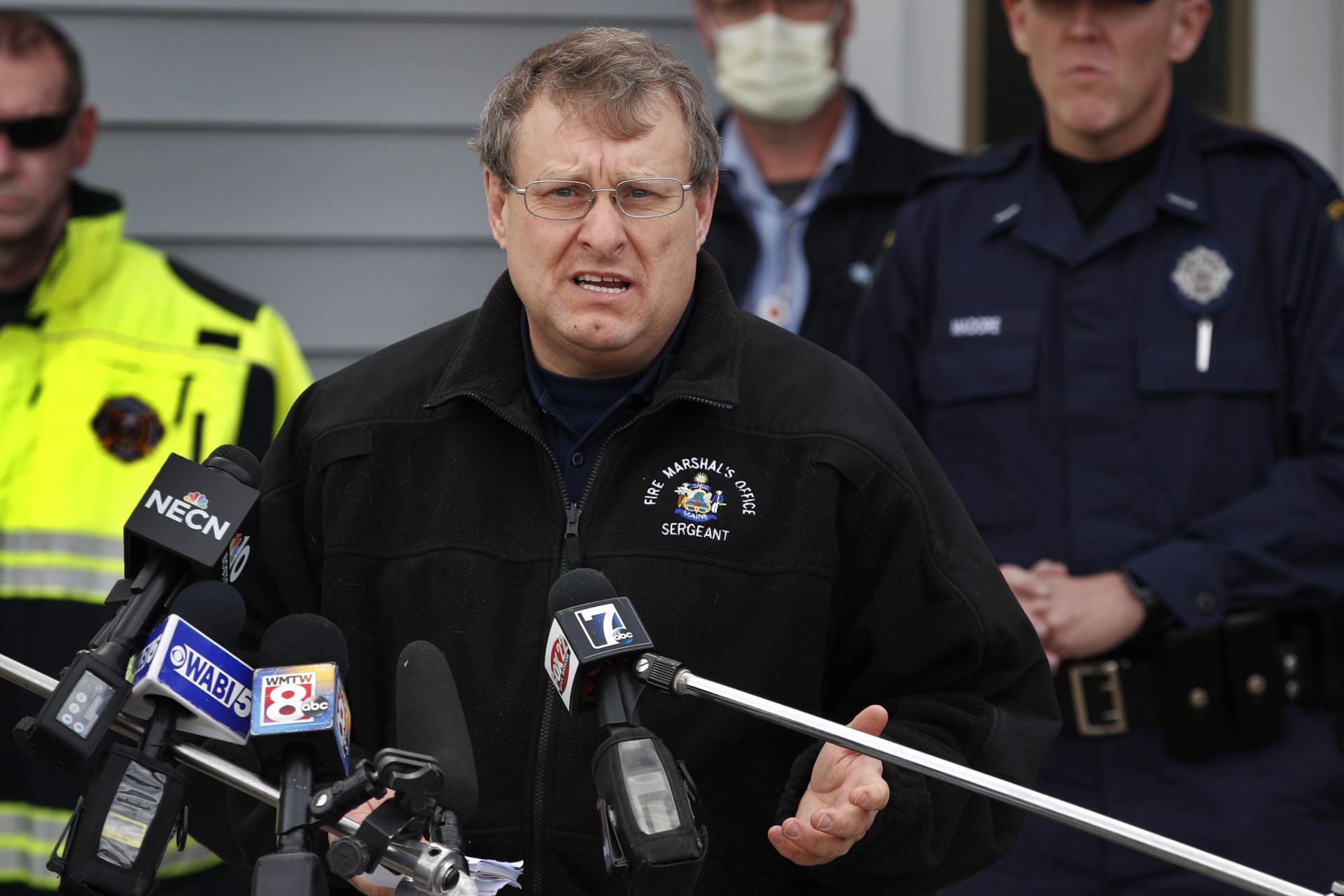 Sgt. Joel Davis of the State Fire Marshal's Office speaks at a news conference following an explosion at the Androscoggin Mill, Wednesday, April 15, 2020, in Jay, Maine. There were no injuries in the massive explosion that sent debris hundreds of feet into the air.