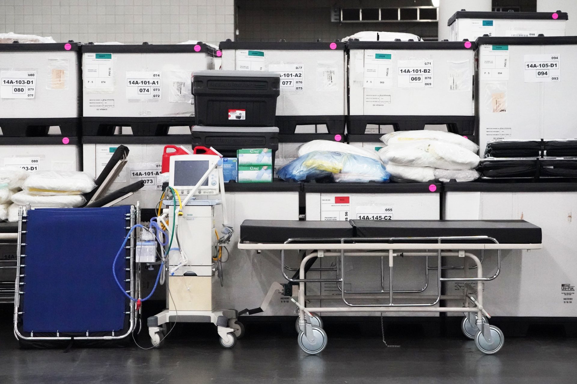 Medical supplies are viewed inside the Javits Center as New York Gov. Andrew Cuomo announces plans to convert the convention center into a field hospital as coronavirus cases continued to rise on March 23 in New York City.