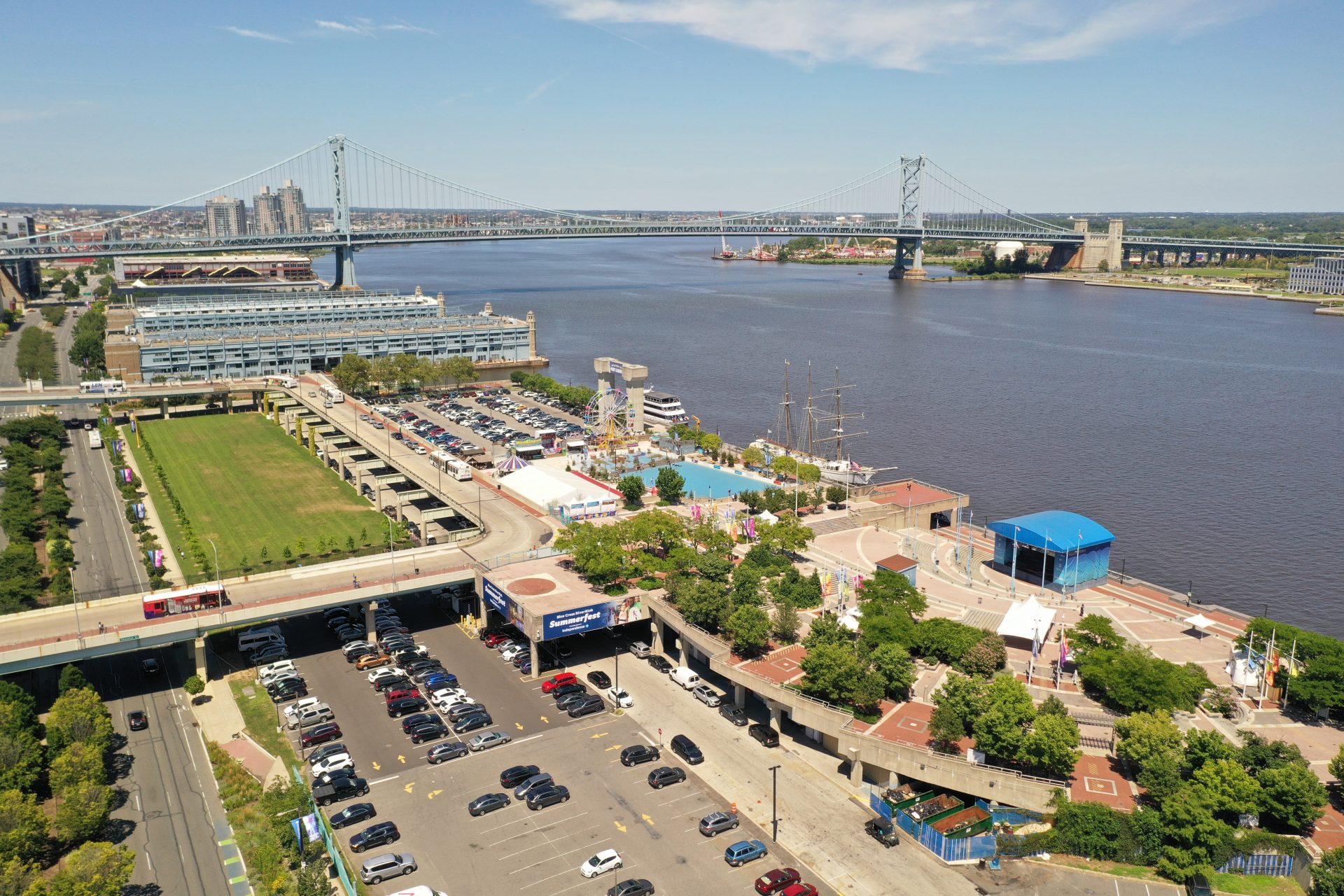 An aerial view taken by a drone of the Penn’s Landing site where the Philadelphia 76ers want to build a new arena.