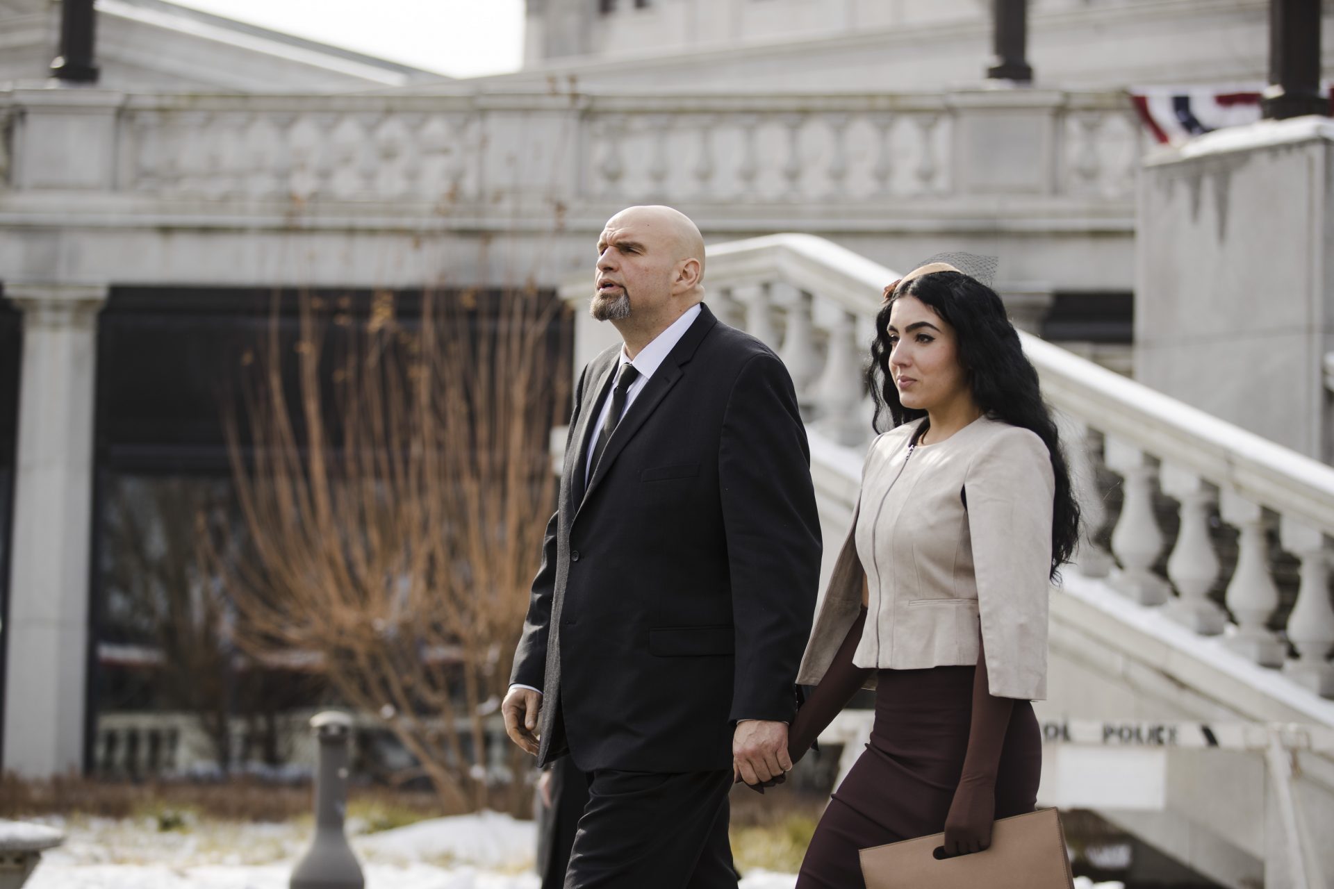 FILE PHOTO: Pennsylvania Lieutenant Governor John Fetterman and his wife Gisele walk to Pennsylvania Gov. Tom Wolf's inauguration, Tuesday, Jan. 15, 2019, at the state Capitol in Harrisburg, Pa.