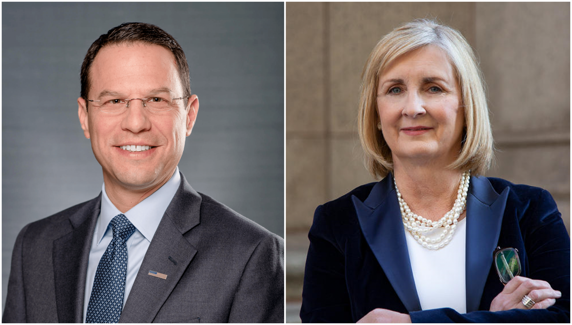 Democrat Josh Shapiro (left) seeks to defeat Republican Heather Heidelbaugh in his bid for a second term as Pennsylvania Attorney General.