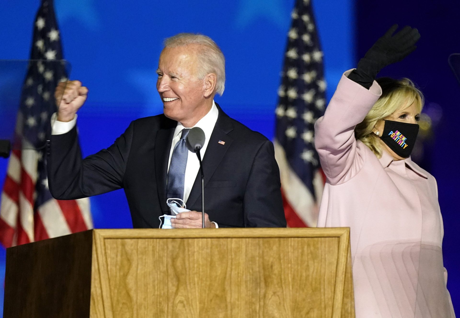 Democratic presidential candidate former Vice President Joe Biden arrives with his wife Jill Biden to speak to supporters Wednesday, Nov. 4, 2020, in Wilmington, Del.