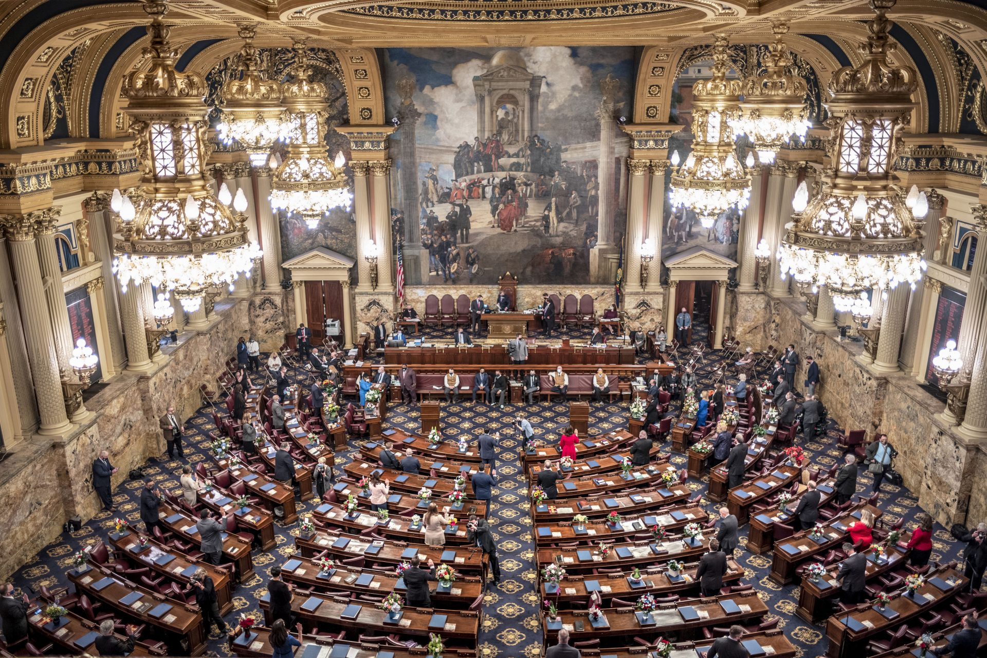 One fourth of the Pennsylvania House of Representatives is sworn-in, Tuesday, Jan. 5, 2021, at the state Capitol in Harrisburg, Pa. The ceremony was held in four separate sessions to provide for social distancing due to COVID-19. The ceremony marks the convening of the 2021-2022 legislative session of the General Assembly of Pennsylvania.