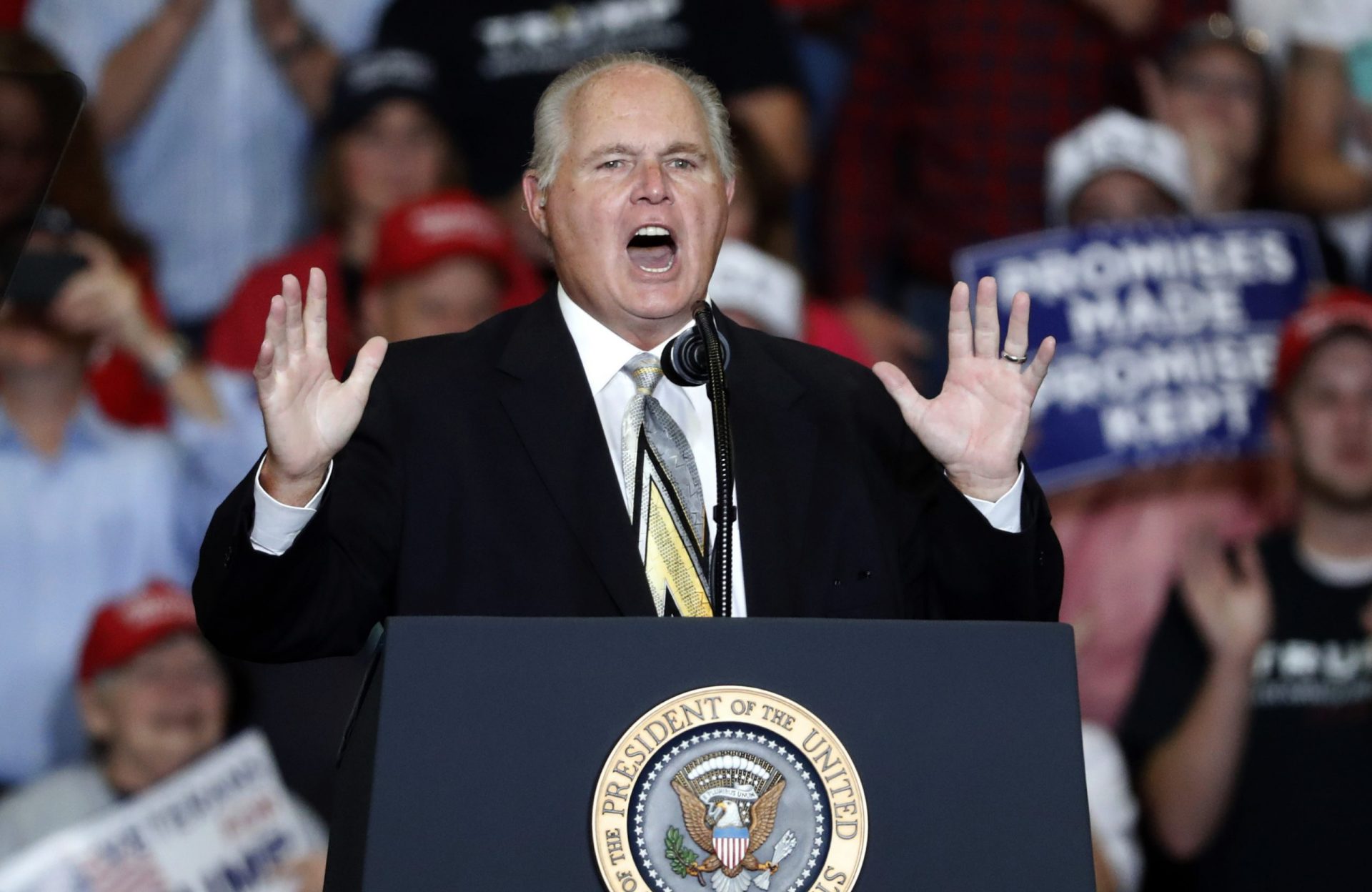 This Nov. 5, 2018 file photo shows radio personality Rush Limbaugh introducing President Donald Trump at the start of a campaign rally in Cape Girardeau, Mo.