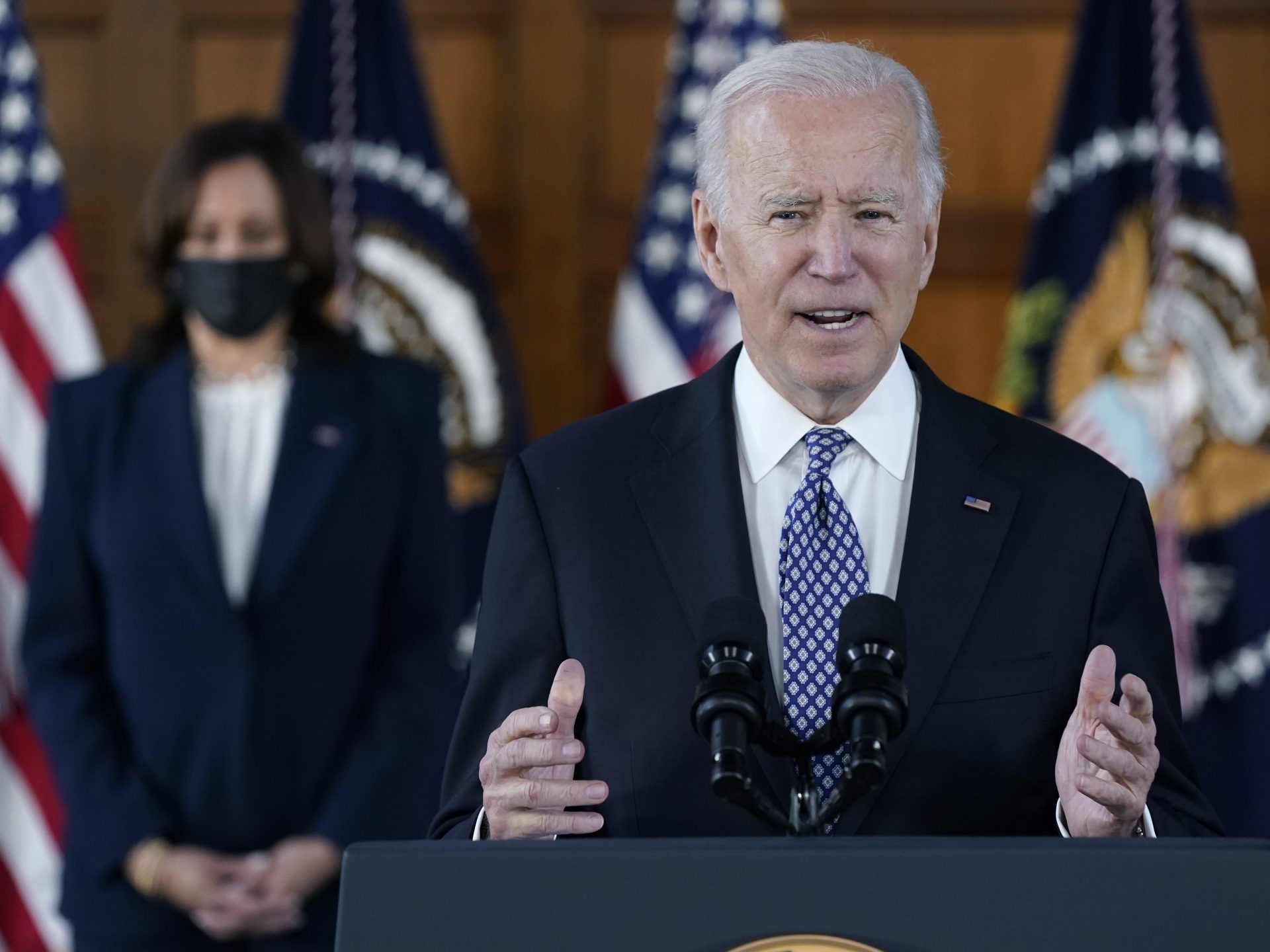 President Biden and Vice President Harris appear in Atlanta after meeting with leaders from Georgia's Asian-American and Pacific Islander community on Friday, March 19, 2021.