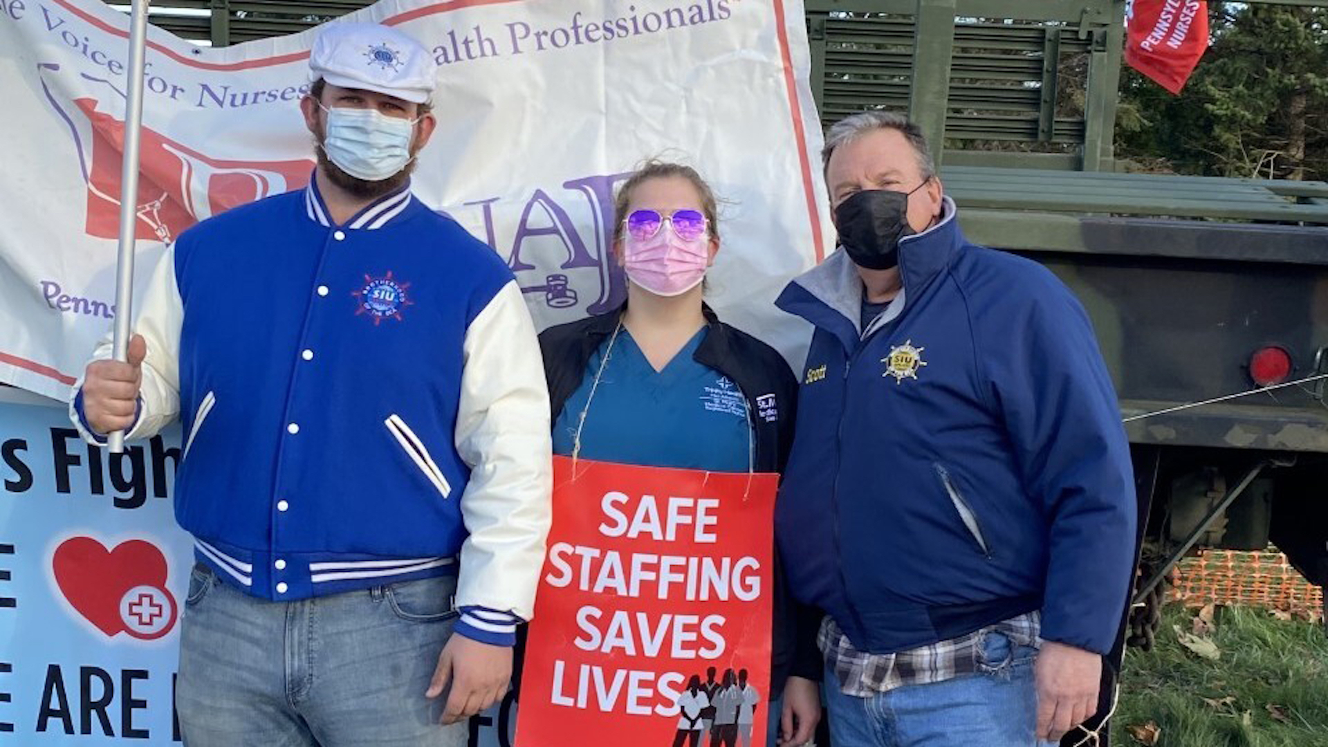 Scott Smith, right, and Scott Smith Jr., left, both seafarer union members, supported Julia Smith in her fight for safe staffing at St. Mary Medical Center in Langhorne.
