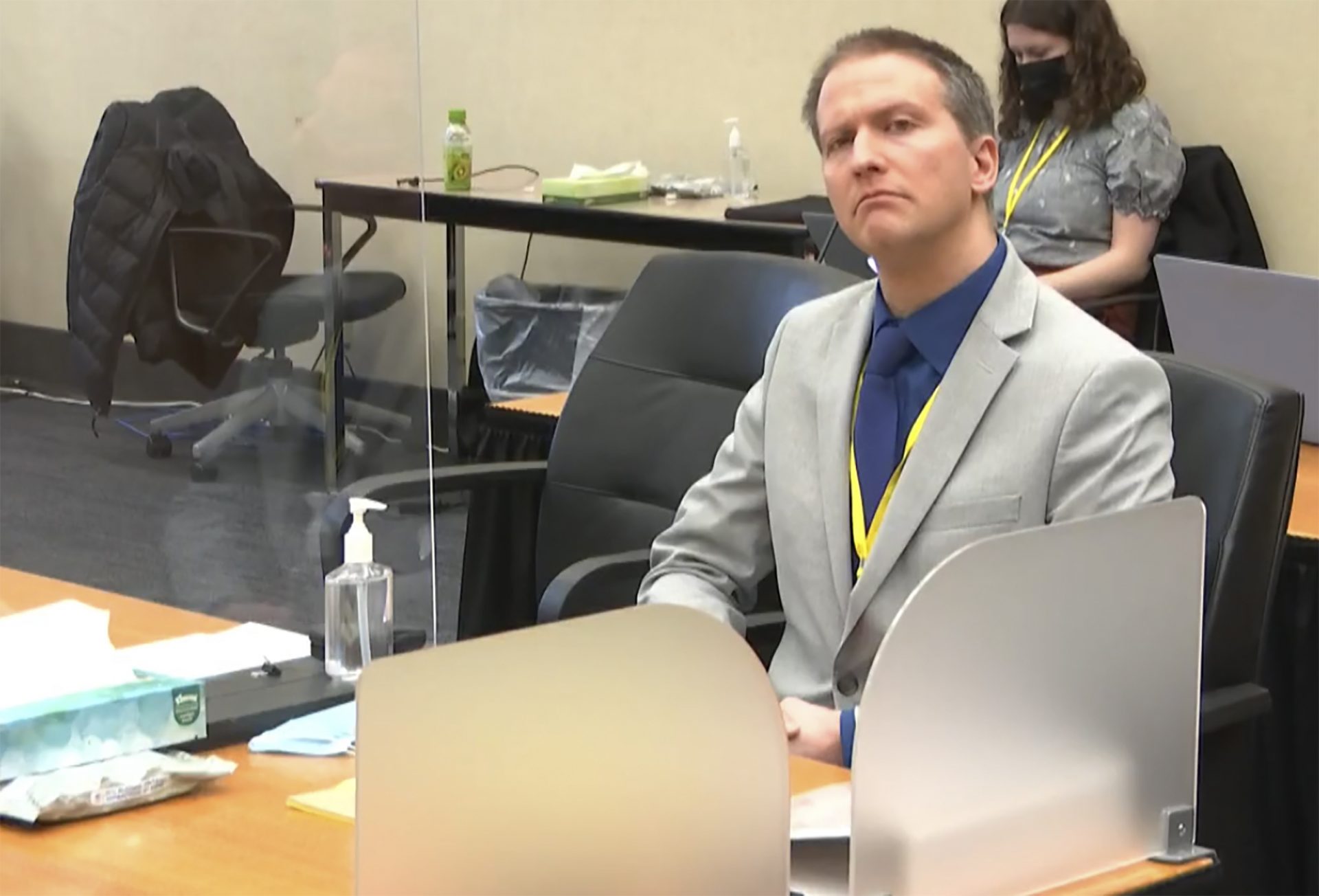 In this image from video, former Minneapolis police Officer Derek Chauvin listens as his defense attorney Eric Nelson gives closing arguments as Hennepin County Judge Peter Cahill preside Monday, April 19, 2021, in the trial of Chauvin at the Hennepin County Courthouse in Minneapolis. Chauvin is charged in the May 25, 2020 death of George Floyd.