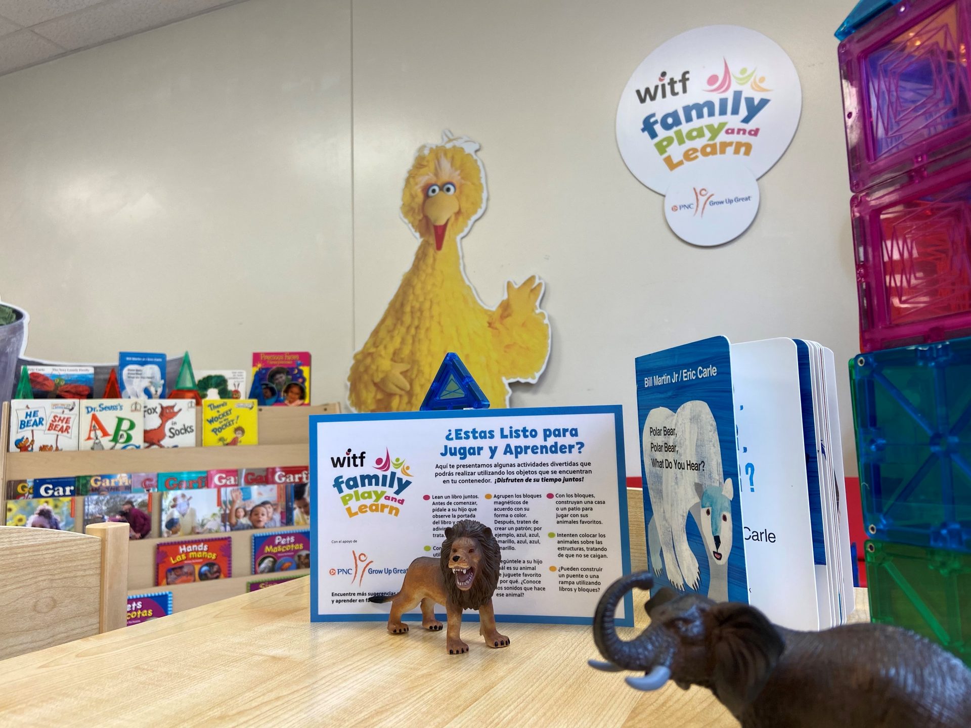 When families arrive at a WITF Family Play and Learn, they can sign out an activity bin filled with bilingual books, animal figurines, magnet blocks and a double-sided Activity Idea card in English and Spanish just for them. On site staff sanitize items before going to the next family.