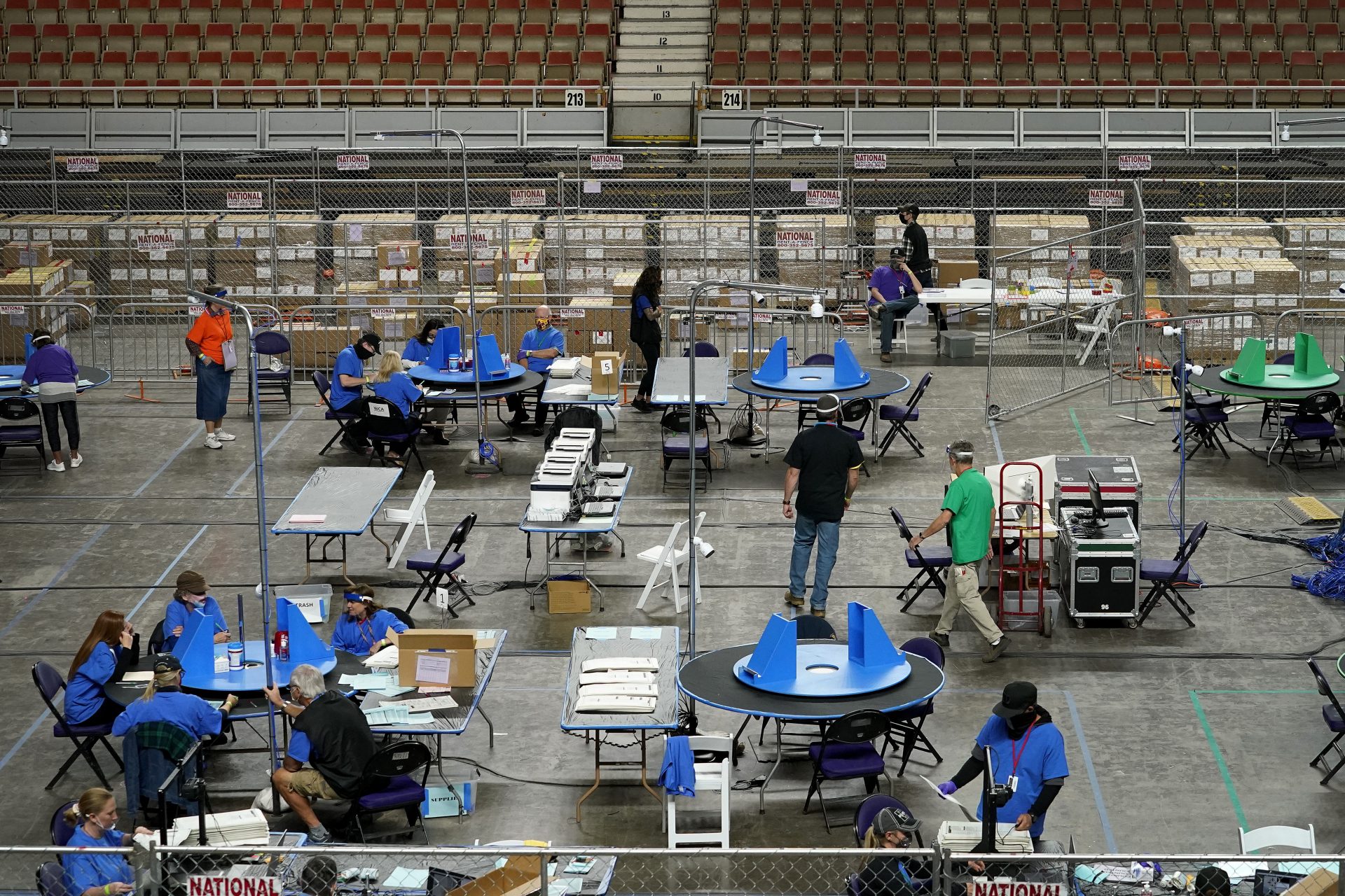 Maricopa County ballots cast in the 2020 general election are examined and recounted by contractors working for Florida-based company, Cyber Ninjas, Thursday, May 6, 2021 at Veterans Memorial Coliseum in Phoenix.