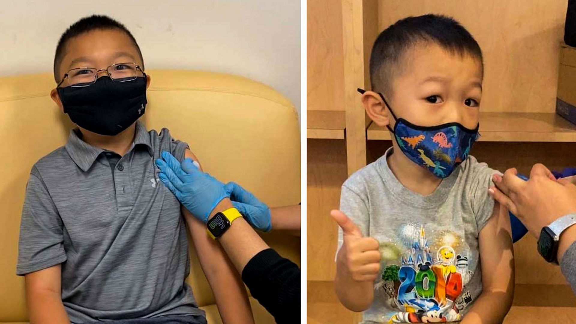 Collage of two photos shows young boys, wearing masks, receiving vaccinations.