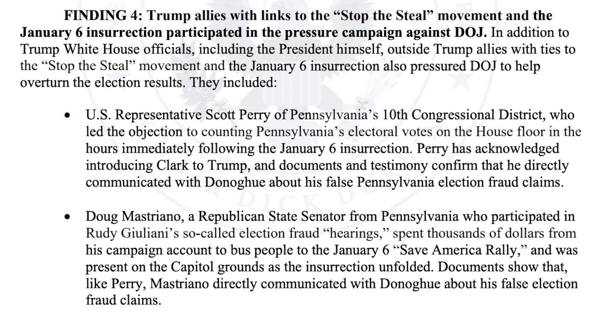 Screen capture of report says: "Finding 4: Trump allies with links to 'Stop the Steal' movement and the January 6 insurrection participated in the pressure campaign against DOJ." Report goes on to list U.S. Representative Scott Perry and Pennsylvania State Senator Doug Mastriano.