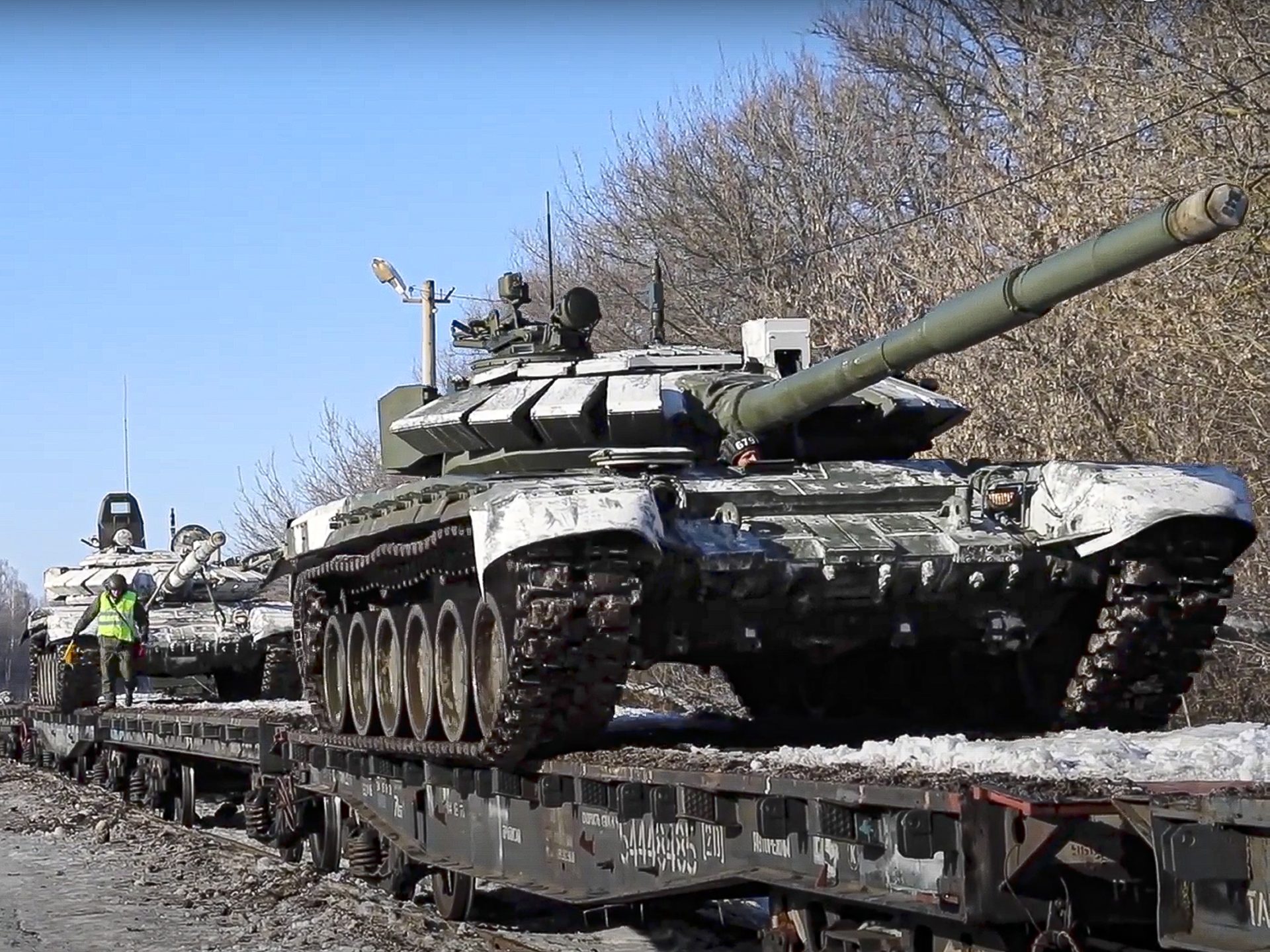In mid-February, ahead of the invasion, Russian army tanks were loaded onto railway platforms to move back to their permanent base after drills in Russia.