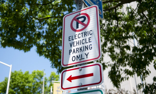 An electric vehicle parking sign in Harrisburg on May 13, 2024. (Jeremy Long - WITF)