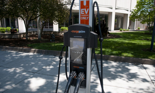 An electric vehicle charger in Harrisburg on May 13, 2024. (Jeremy Long - WITF)