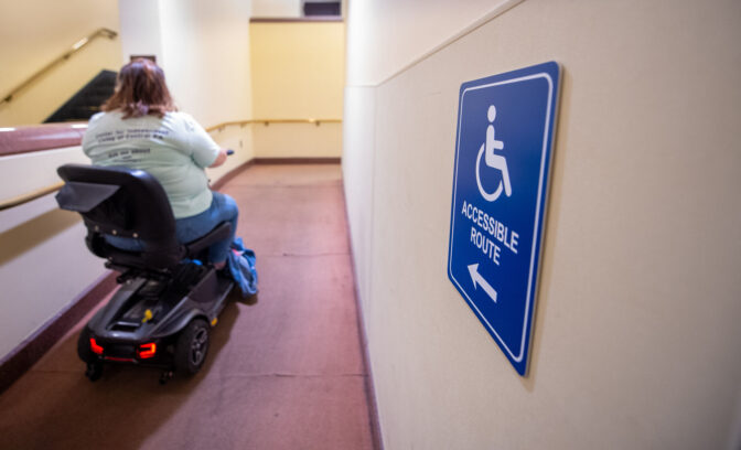 Pam Auer, director of advocacy at Center for Independent Living of Central Pennsylvania, uses a mobility scooter on a ramp In the Pennsylvania Capitol complex in Harrisburg Tuesday, June 4, 2024.
