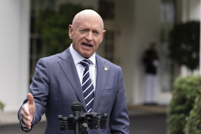 FILE - Sen. Mark Kelly, D-Ariz., speaks about the southern border outside the West Wing of the White House, Tuesday, June 4, 2024, in Washington. (AP Photo/Manuel Balce Ceneta, File)