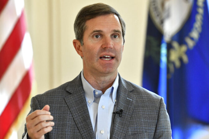 Kentucky Gov. Andy Beshear speaks during an interview at the Kentucky State Capitol in Frankfort, Kentucky, Monday, July 22, 2024. (AP Photo/Timothy D. Easley)