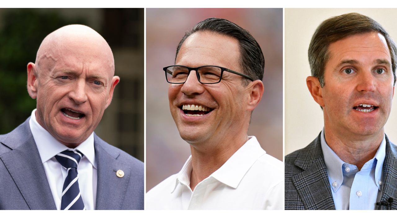 Sen. Mark Kelly, D-Ariz., June 4, 2024, in Washington, Gov. Josh Shapiro of Pennsylvania, July 20, 2024, in Pittsburgh, and Gov. Andy Beshear of Kentucky in Frankfort, Ky., July 22, 2024. (AP Photo)