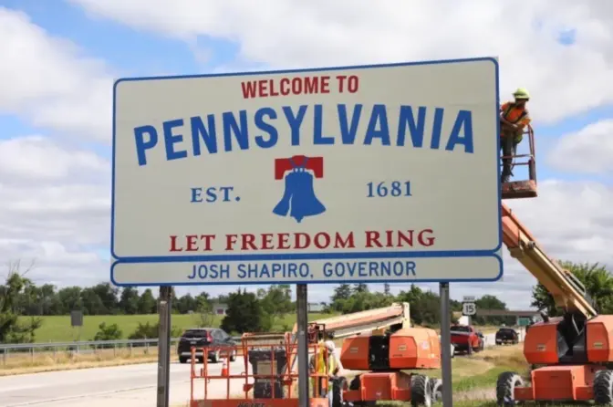One of the new "Welcome to Pennsylvania" signs. PennDOT said the first eight signs are in place in Adams, Bucks, Erie, Fulton, Monroe, Potter, Susquehanna and Tioga Counties. Another 29 signs will be installed in the coming months.