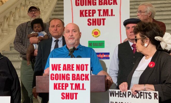 Eric Epstein of Three Mile Island Alert speaks at an event to oppose reopening Three Mile Island at the state capitol on Sept. 3, 2024. 