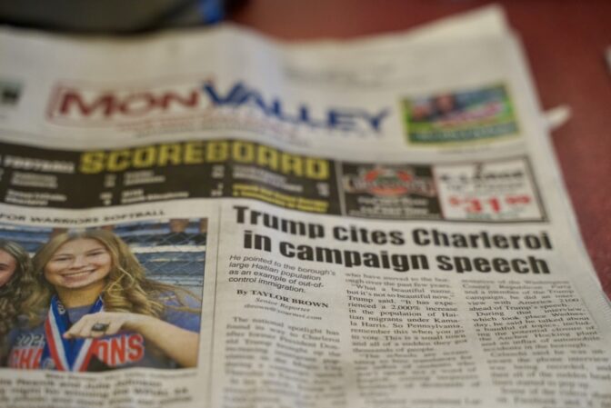 Donald Trump's remarks about Charleroi made the front page of the local paper.