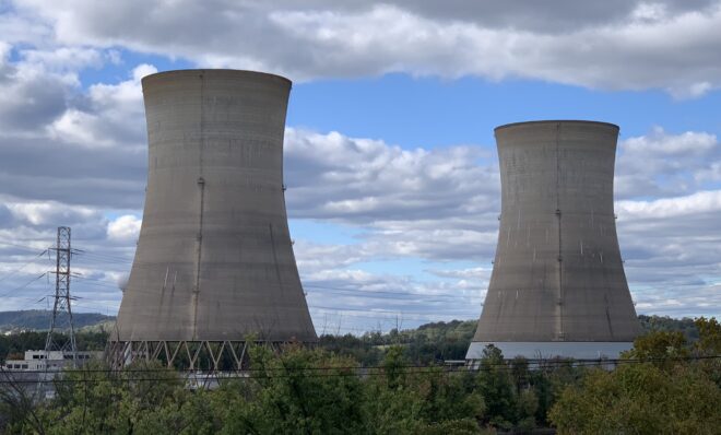 The cooling towers of the Crane Clean Energy Center, formerly Three Mile Island Unit 1, are seen here on Oct. 16, 2024. 