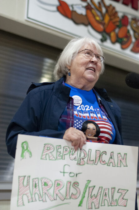 Nita Sue Kent of Elizabethtown discusses what issues matter to her at a Harris/Walz campaign event in York on Oct. 2, 2024. (Jeremy Long - WITF)