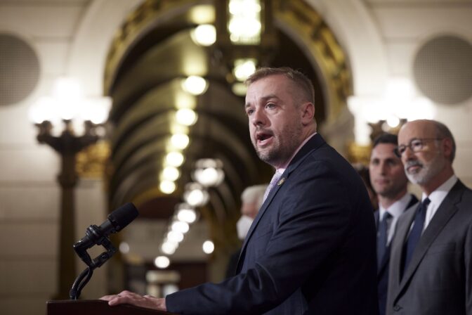 Rep. Bryan Cutler (R., Lancaster) speaking at a bipartisan state budget press conference in 2022, while he was state House speaker.