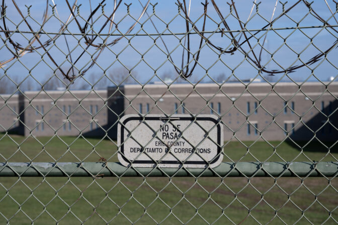 A no trespassing sign translated to Spanish hangs on the fence outside Erie County Prison on Monday, March 30, 2026.