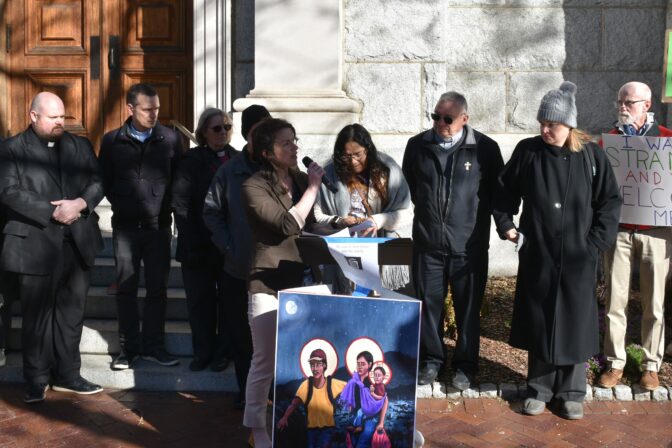 Renée Roden, director of the Harrisburg Catholic Worker, leads a press conference calling for the release of Omar Viadurre-Luis outside St. Patrick's Cathedral in Harrisburg, Pa., on Nov. 7, 2026.