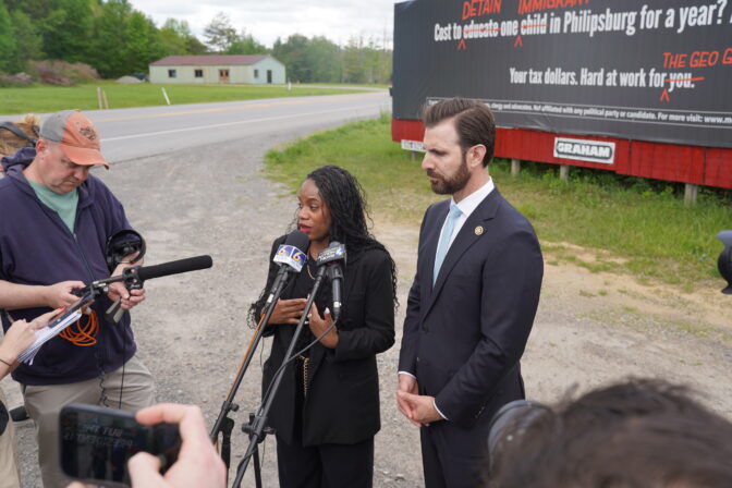 U.S. Representatives for Pennsylvania Summer Lee and Chris Deluzio give media interviews outside the Moshannon Valley Processing Center in Clearfield after making an unannounced inspection on May 28, 2026. 